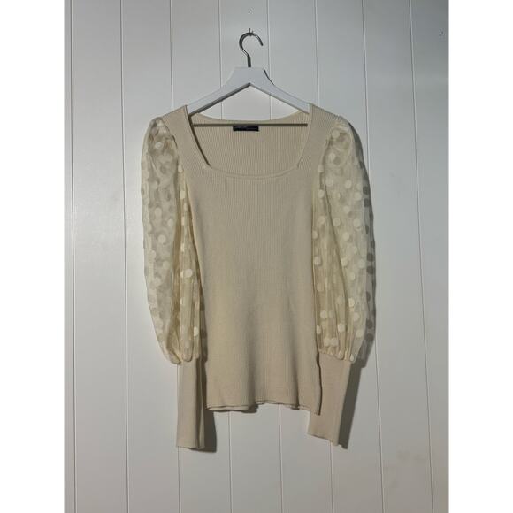 On Twelfth · Large · Ribbed Polka Dot Top · Sheer Sleeves · Square Neck · Cream - Picture 2 of 9